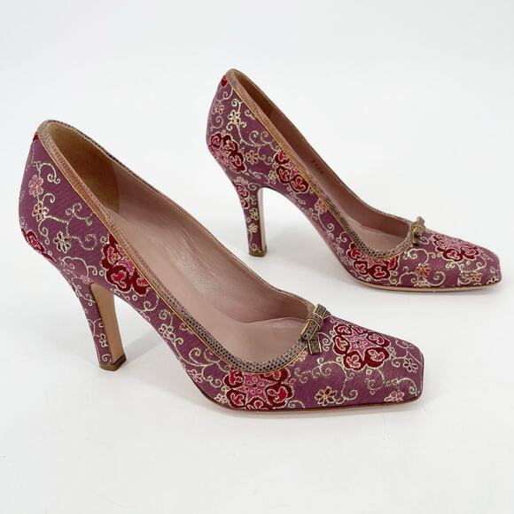 Vintage Prada Plum Gold Brocade Snakeskin Trim Bow Square Toe Heels IT 37.5 - Picture 2 of 13